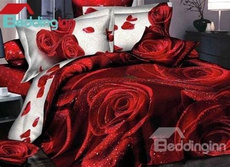 Amazing Red Rose Print 4 Piece Cotton Duvet Cover Sets Bedding Sets