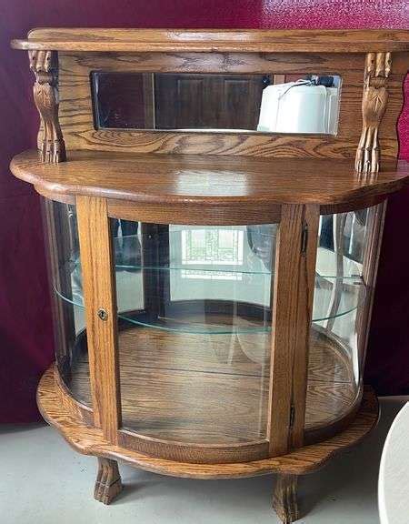 Lighted Oak Curio Cabinet W Rounded Glass Upper Shelf And Claw Feet 42” Tall 36” Wide And 15