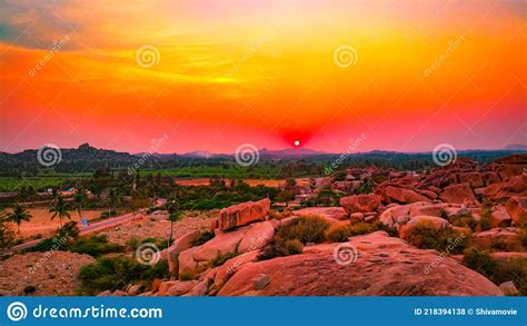 Beautiful Golden Sunset In The Ruins Of Ancient Vijayanagara Empire