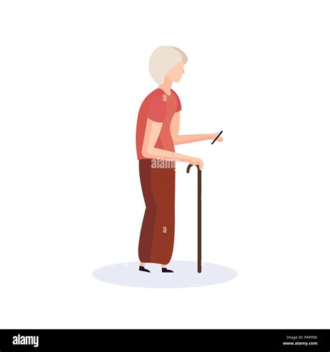 Old Woman Walking Stick Using Smartphone Elderly Grandmother Walk