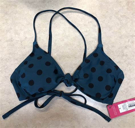 Womens Xhilaration Bikini Swim Top Polka Dot Black Teal String Tie Size S Ebay