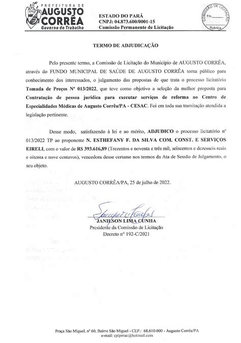 Termo De Adjudica O Prefeitura Municipal De Augusto Corr A Gest O