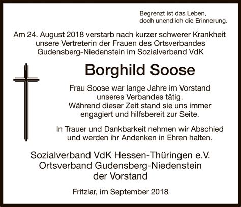 Traueranzeigen Von Borghild Soose Trauer HNA De