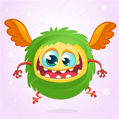 Cute Cartoon Flying Monster Halloween Vector Fluffy Green Monster