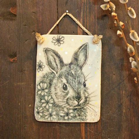 Bunny Rabbit Ceramic Wall Decor Tile Art Lover Drawing Etsy Rabbit Wall Art Ceramic Wall