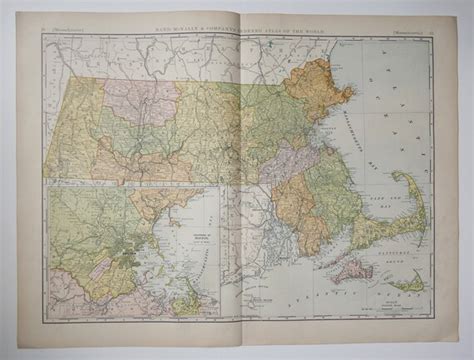 Large Map of Massachusetts 1892 Original Antique Map Rand - Etsy