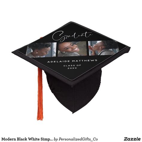 Modern Black White Simple Elegant Photo Collage Graduation Cap Topper