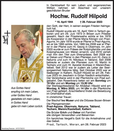 Traueranzeigen Von Hochw Rudolf Hilpold Trauer Bz