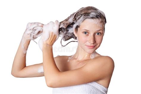 Beautiful Woman Taking A Shower And Shampooing Her Hair Washing Hair