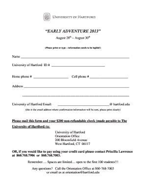 Fillable Online Hartford EARLY ADVENTURE 2012 University Of Hartford