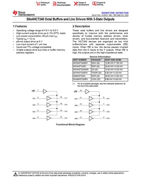 SN54HCT240 Datasheet OCTAL BUFFERS AND LINE DRIVER