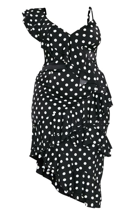 Plus Black Polka Dot Ruffle Detail Midi Dress Prettylittlething