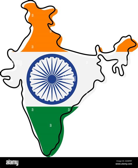 Stylized outline map of India with national flag icon. Flag color map ...