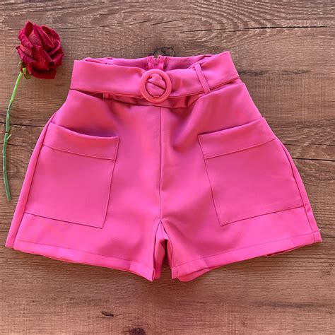 Short Saia Alfaiataria Bolsinhos E Cinto Pink Dondoca Dondoca Moda