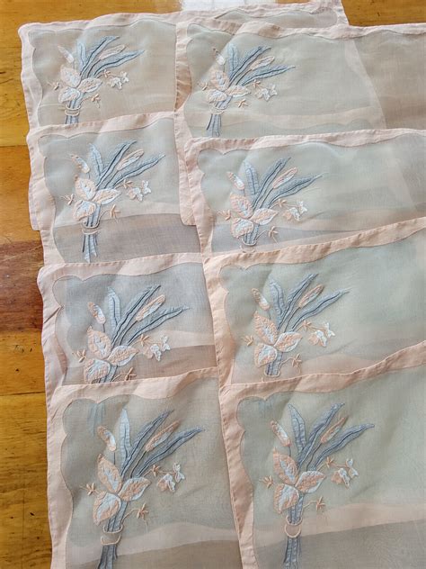 Vintage Linen Placemats Madeira Floral Organdy Set Of 8 Cattails Floral