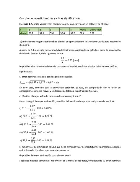 Cálculo de incertidumbres y cifras significativas s Ejercicio 1 Se