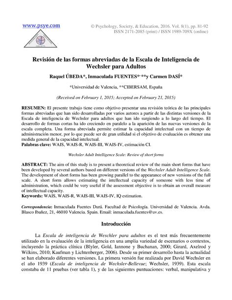 Dialnet Revision De Las Formas Abreviadas De La Escala De Inteligen