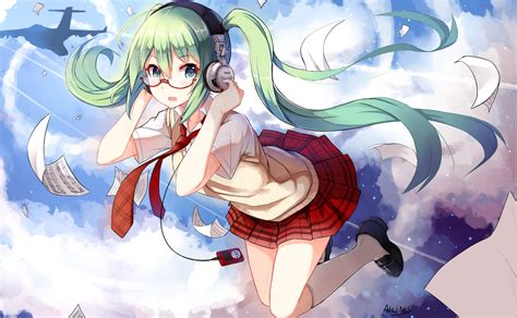 Wallpaper Anime Girls Green Hair Long Hair Headphones Green Eyes