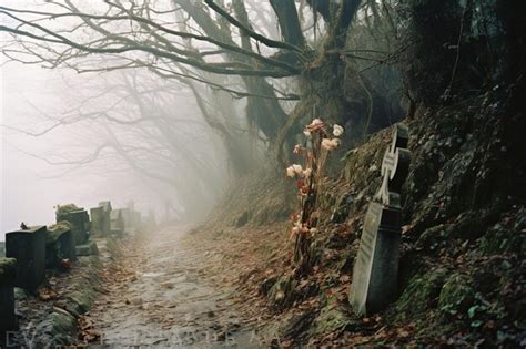 Premium Photo | Foggy cemetery with tombstones and trees in the background