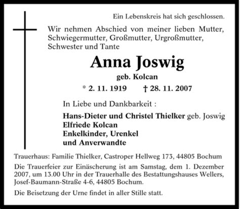 Traueranzeigen Von Anna Joswig Trauer In Nrw De