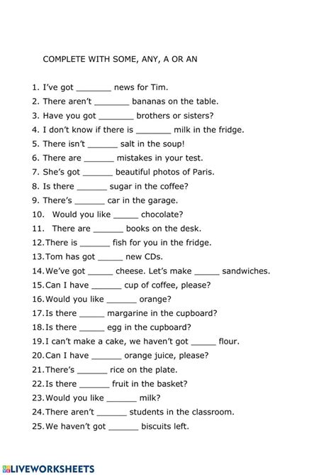 Determiners some - any worksheet English Worksheets For Kids, English ...