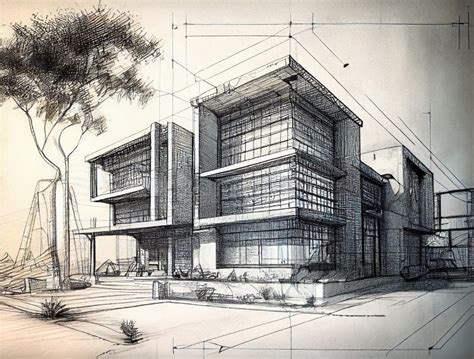 Pencil Concept Sketch Drawing Of Modern Building Made With Generative