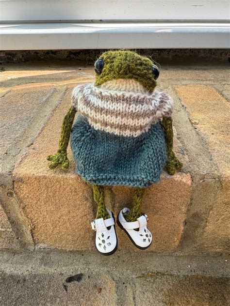 1 X Ready Made Poseable Knitted Frog With Dress And Shoes Etsy Uk