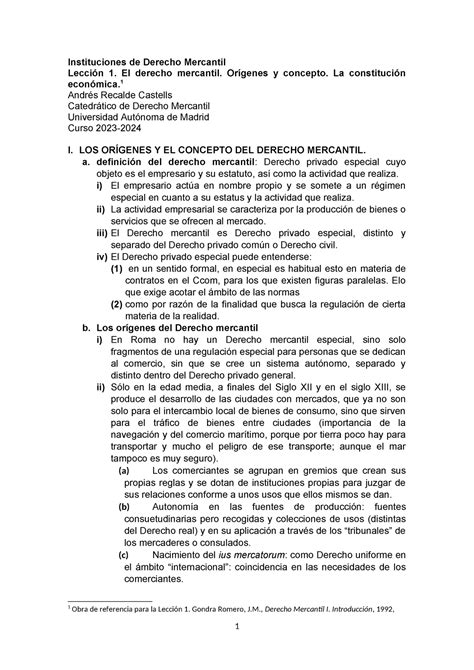 Lecci Ã³n1 Esquema Concepto derecho mercantil Instituciones de