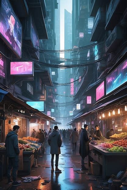 Premium Ai Image A Bustling Cyberpunk Street Market Filled With