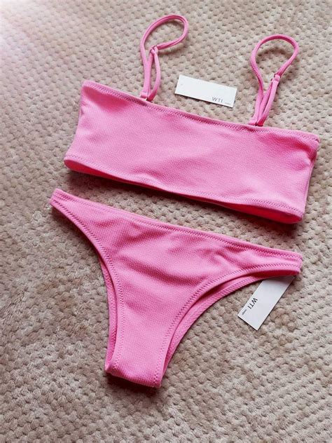 Solid Color Ribbed High Cut Strapless Bandeau Bikini Set W T I