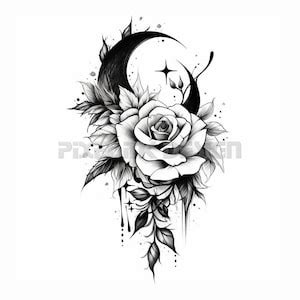 Rose With a Moon Tattoo Design Download High Resolution Digital Art PNG Transparent Background ...