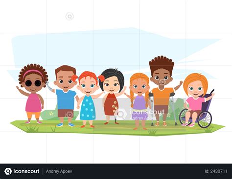 Best Premium Children With Disabilities Standing Together Illustration