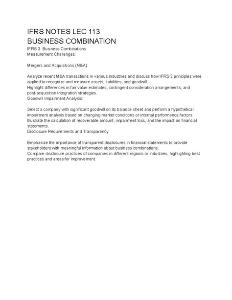 Ifrsnotes 313 ACC 202 IFRS NOTES LEC 113 BUSINESS COMBINATION IFRS