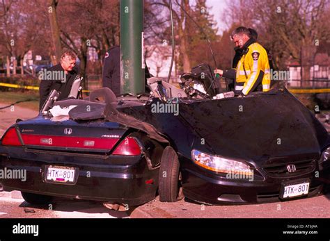 Police Investigate Fatal Car Crash Traffic Accident Scene Of Speeding