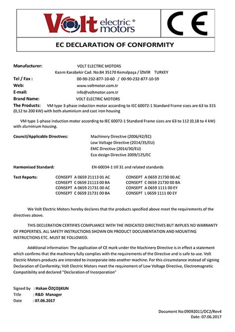 Volt Motor Ec Declaration Of Conformity