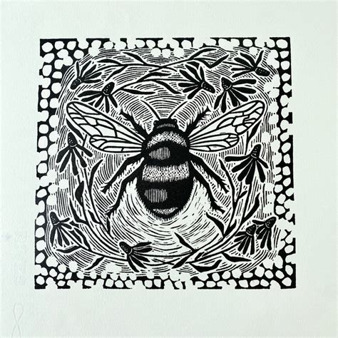 Linocut Print Bee Spring Bumblebee Linoprint Honeybee Home Etsy