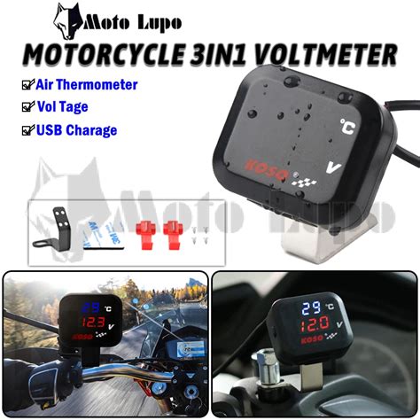 KOSO Motorcycle Voltmeter LED Temperature USB Charger 3 IN 1