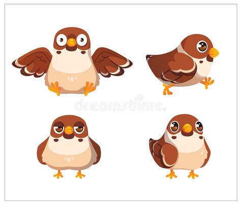 Cute Sparrow Bird Character Cartoon Isolated Set Stock Vector