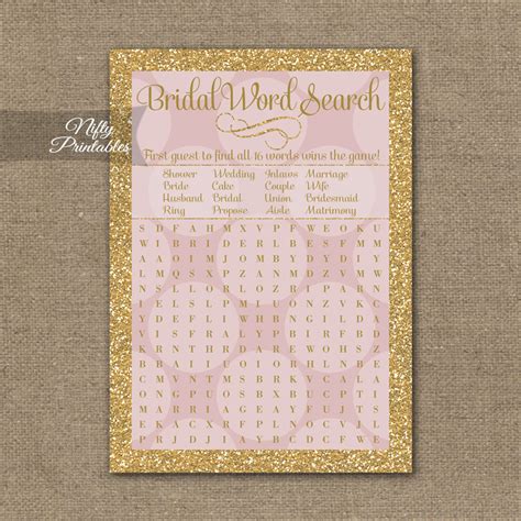 Bridal Shower Word Search Game Pink Dots Gold Nifty Printables