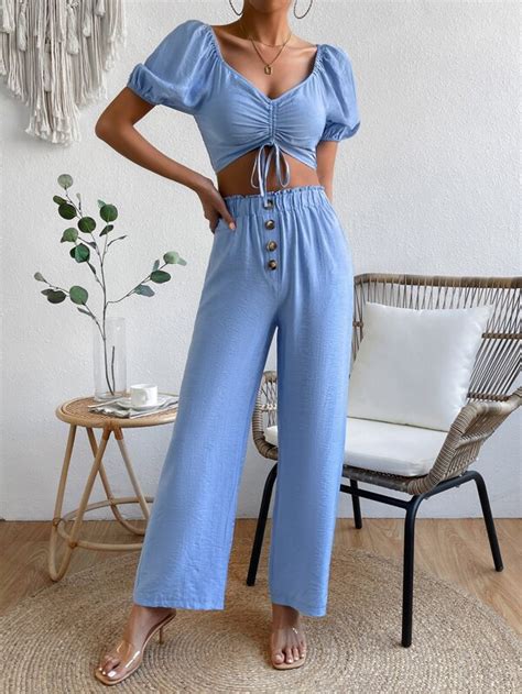 Shein Vcay Drawstring Front Crop Top And Button Detail Wide Leg Pants