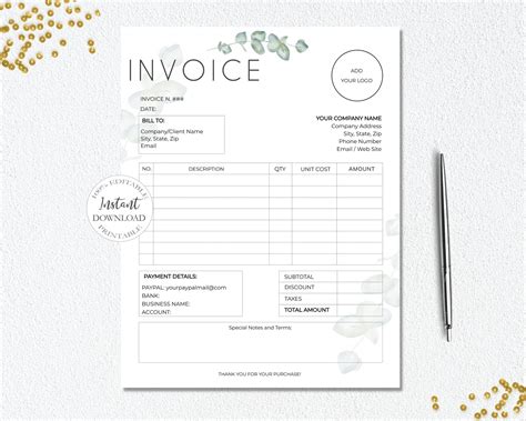 SunRayArt Designs Invoice Editable Template Business Printable Forms