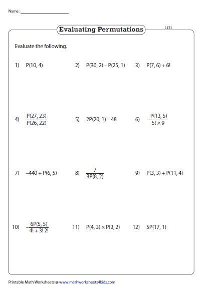 Evaluate Expression Involving Permutation Printable Math Worksheets