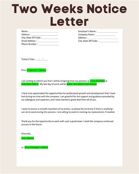 Professional Two Weeks Notice Letter Template Etsy