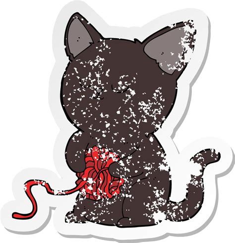 Retro Distressed Sticker Of A Cartoon Cute Black Cat Playing With Ball