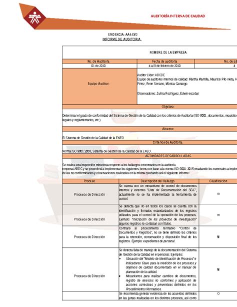 Evidencia Aa Ev Taller Evidencia Aa Ev Informe De Auditoria