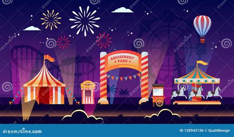 Night Amusement Park Vector Illustration Carousels Circus Fair In