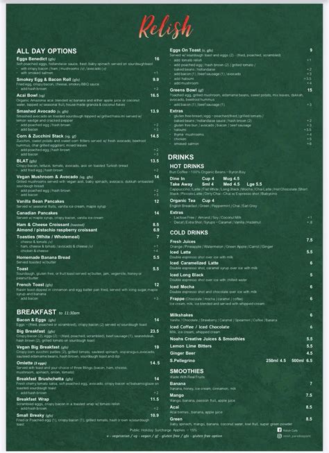 Menu At Relish Cafe Paradise Point