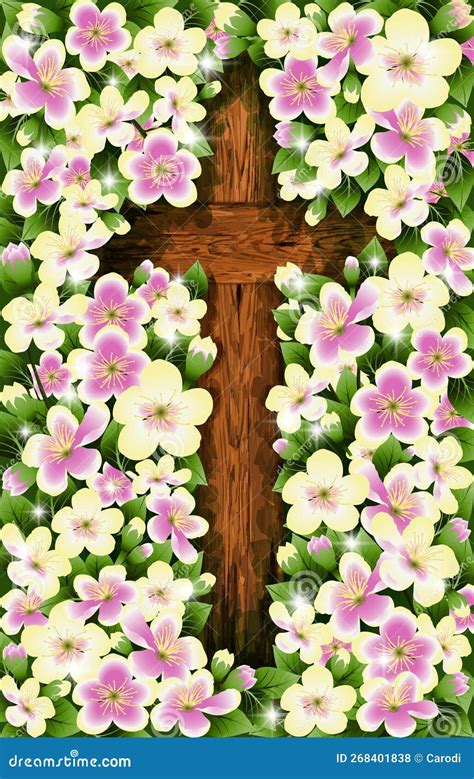 Happy Easter Christian Wooden Cross With Cherry Blossoms Vector Stock