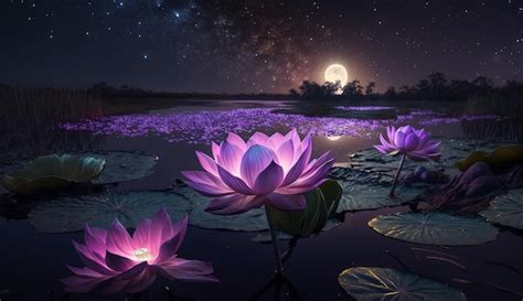 Premium AI Image | Purple lotus flowers on the water at night