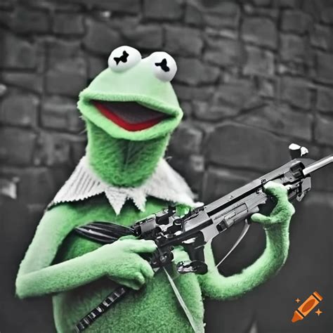 Vintage Black And White Image Of Kermit The Frog Holding A Gun On Craiyon